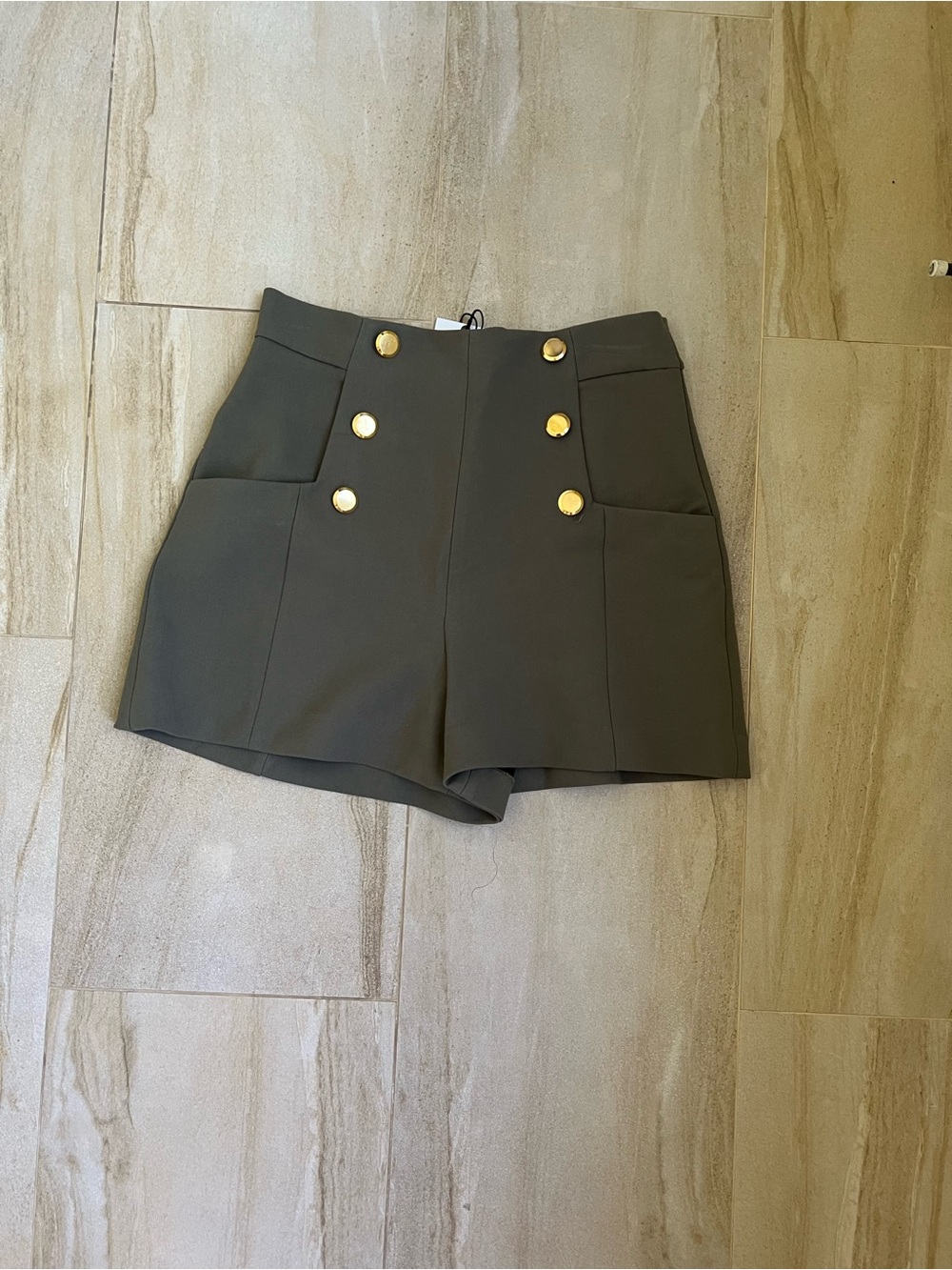 Zara Olive High-Waist Military Button Shorts